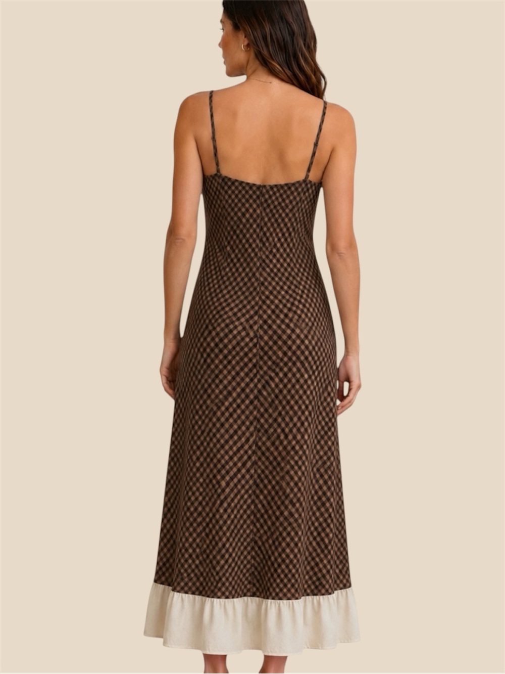 Antonio Melani x Courtney Grow Brown Gingham Midi Dress with Cream Ruffle Trim - Picture 2 of 10